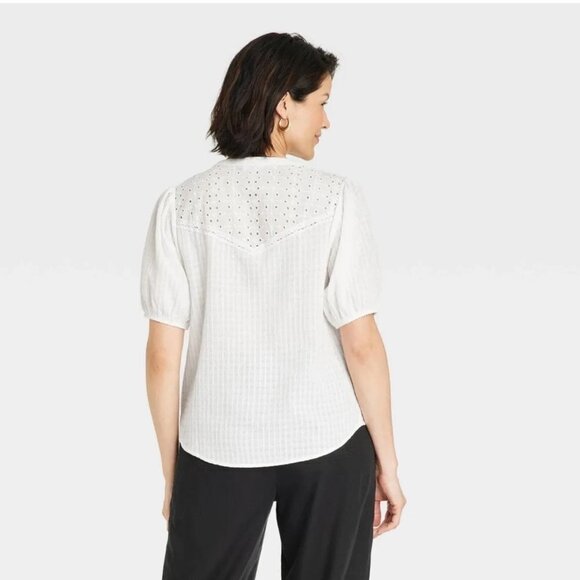 Knox Rose Balloon Short Sleeve Button Front Textured Top Size L Ivory White - Picture 2 of 9